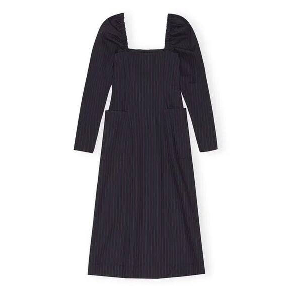 NWT GANNI Pinstriped Twill Midi Dress Midnight Blue Red Pinstripes IT 52 US 22 - Picture 4 of 12